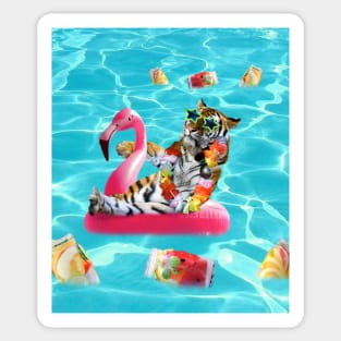 Tiger Chilling On Flamingo Floatie In Pool Sunglasses Funny Sticker